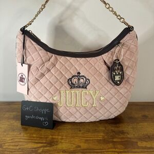 New Juicy Couture Crowning Glory Pink Brown Hobo Shoulder Handbag Cute Quilted